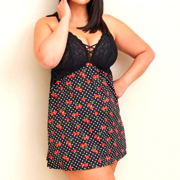 ❤️NWT VINTAGE TORRID LINGERIE WIRELESS BABYDOLL CHEMISE CHERRY PRINT STRAPPY - Picture 10 of 14